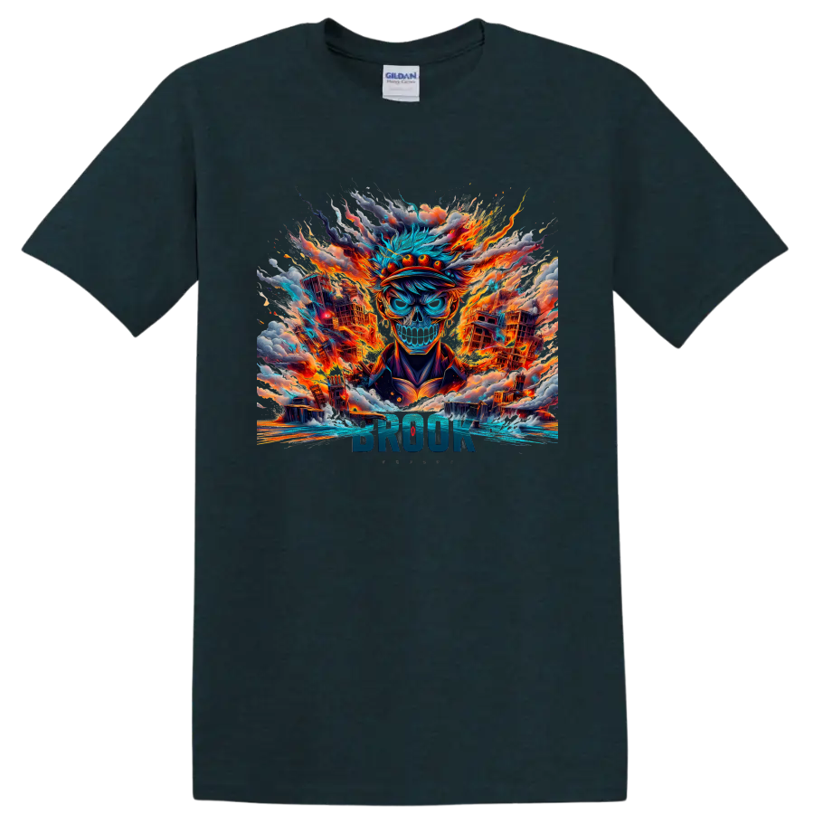Brook skull character in fiery city anime art with BROOK text on a Midnight (Green) T Shirt