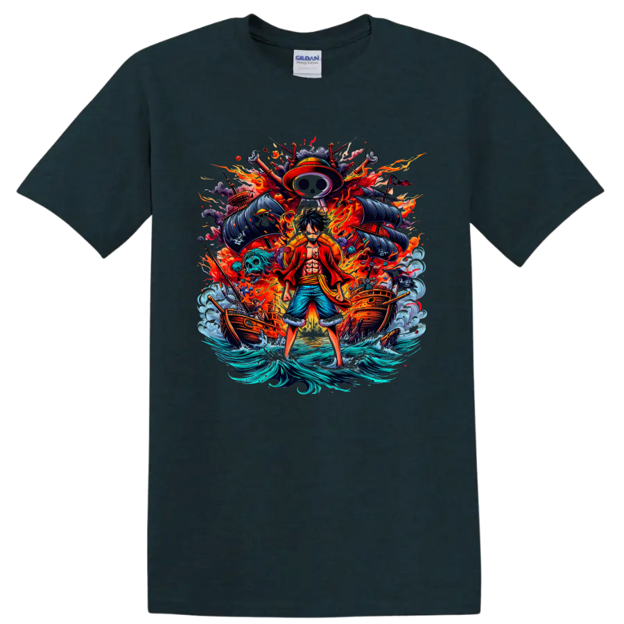 Monkey D. Luffy One Piece anime pirate graphic with ships, flames, and waves on a Midnight (Green) T Shirt
