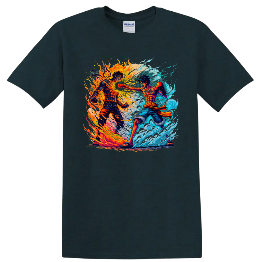 Monkey D. Luffy and Portgas D. Ace fire and water anime battle graphic on a Midnight (Green) T Shirt