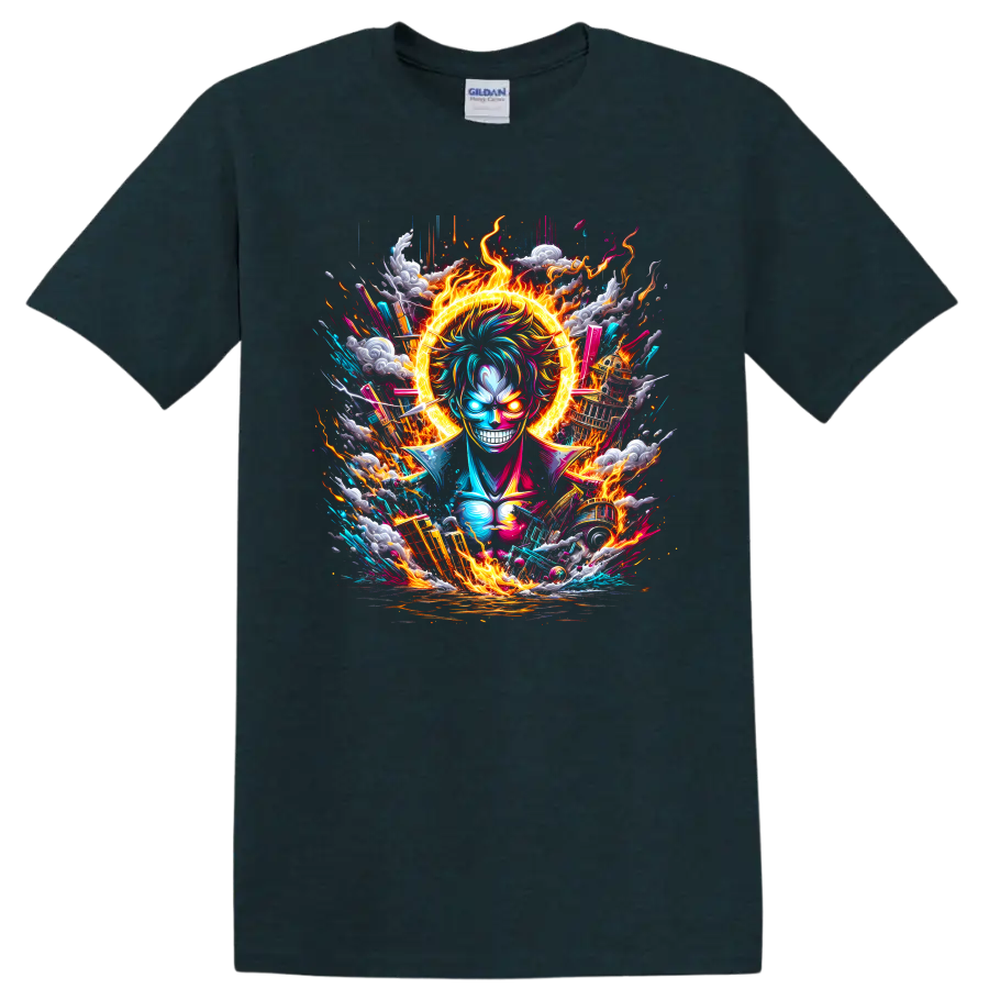 Monkey D. Luffy Gear 5 anime graphic with fiery halo, lightning, clouds, and waves on a Midnight (Green) T Shirt
