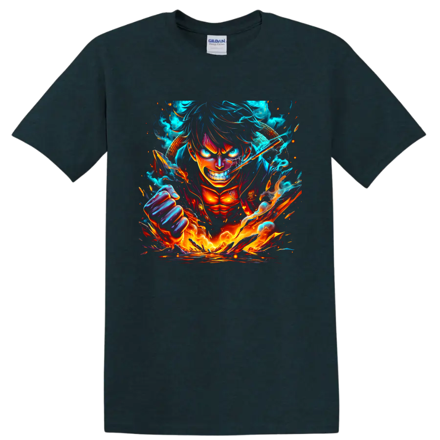 Monkey D. Luffy Bajrang Gun anime battle graphic with fiery energy and a raised fist on a Midnight (Green) T Shirt