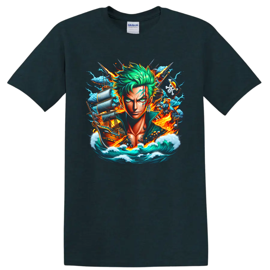 Roronoa Zoro anime portrait with swords, pirate ship, lightning, flames, and ocean waves on a Midnight (Green) T Shirt