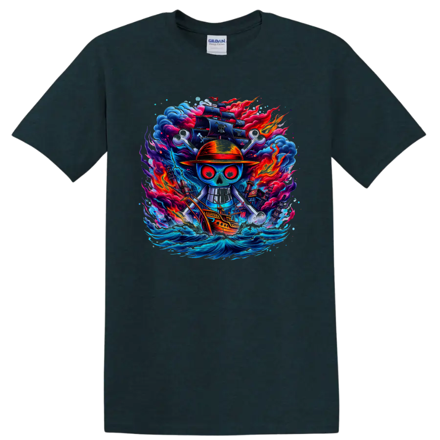 One Piece-inspired straw hat pirate skull with ship, waves, flames, and dark sails on a Midnight (Green) T Shirt