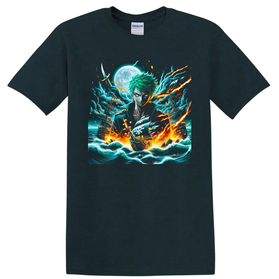 Roronoa Zoro anime art with pirate ships, moonlit waves, sword, and lightning on a Midnight (Green) T Shirt
