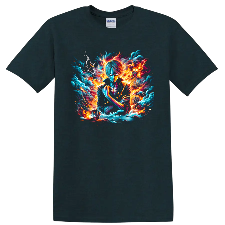 Sanji in fiery storm anime art with lightning, ocean waves, and a pirate ship on a Midnight (Green) T Shirt