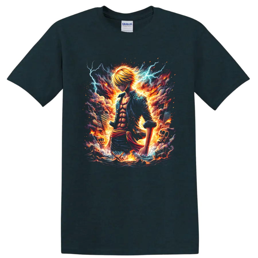 Sanji Diable Jambe anime battle graphic with blazing fire and blue lightning on a Midnight (Green) T Shirt