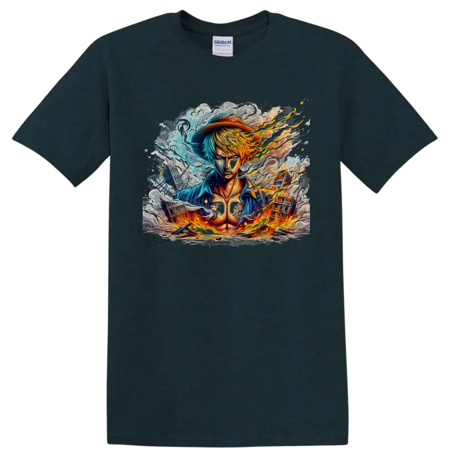 Sanji-inspired anime warrior graphic with flames, blue smoke, and ruined city on a Midnight (Green) T Shirt