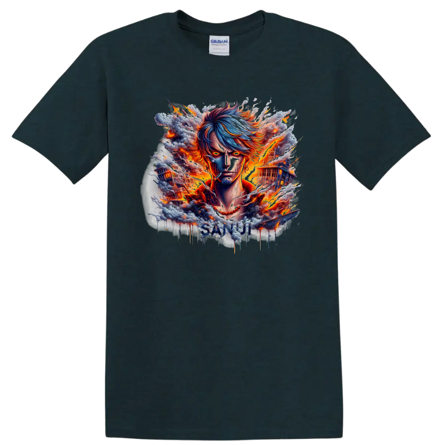 Sanji One Piece fiery anime portrait with burning ships and SANJI lettering on a Midnight (Green) T Shirt