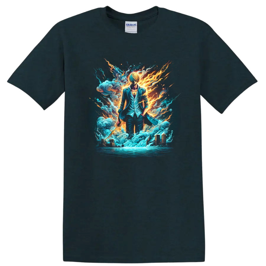 Sanji in a teal suit with fiery energy, ocean waves, and a glowing city on a Midnight (Green) T Shirt