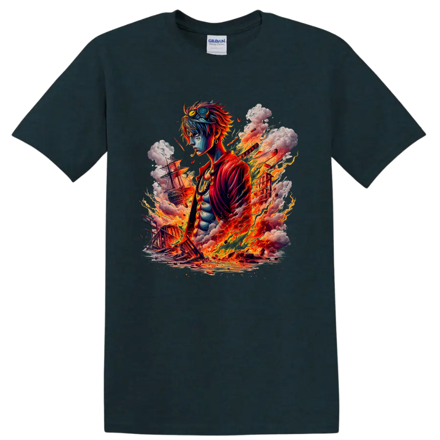 Sabo One Piece anime artwork with fire, smoke, and sailing ships on a Midnight (Green) T Shirt
