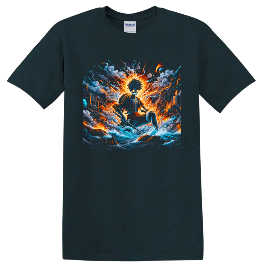 Monkey D. Luffy Gear 5 anime action art with ocean waves, fire, and storm clouds on a Midnight (Green) T Shirt