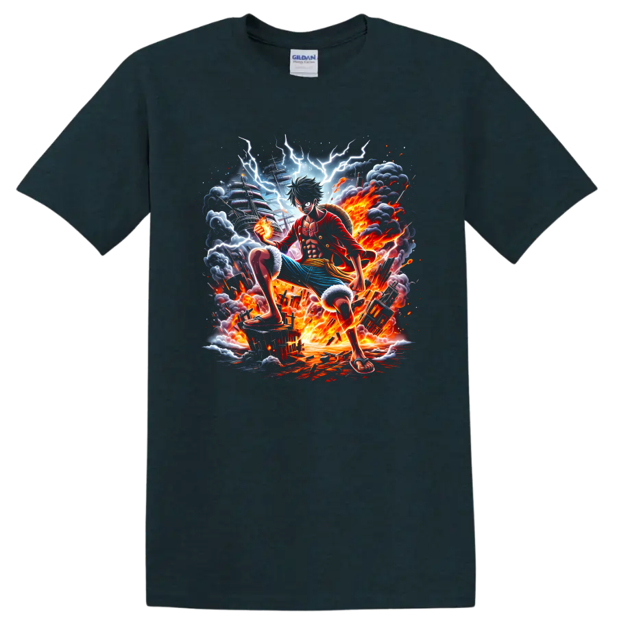 Monkey D. Luffy Gear 5 anime battle graphic with lightning, fire, and pirate ship on a Midnight (Green) T Shirt