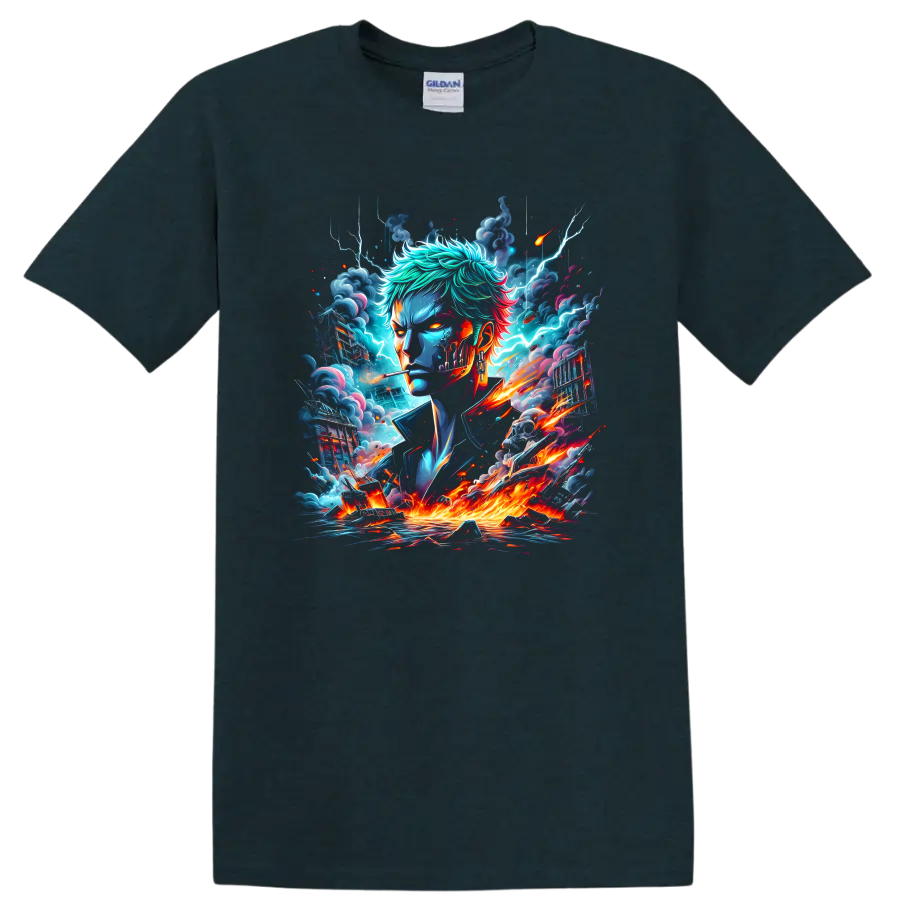 Roronoa Zoro anime swordsman portrait with lightning, storm clouds, and fiery energy on a Midnight (Green) T Shirt