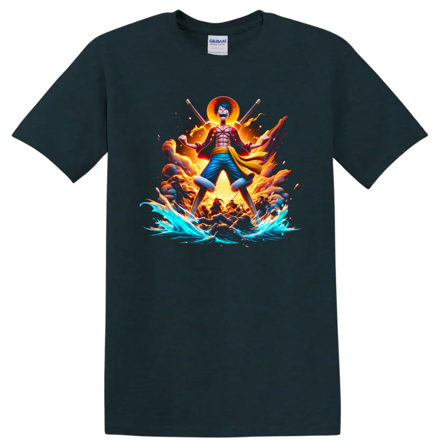Monkey D. Luffy Gear 5-inspired anime ocean battle graphic with fire and waves on a Midnight (Green) T Shirt