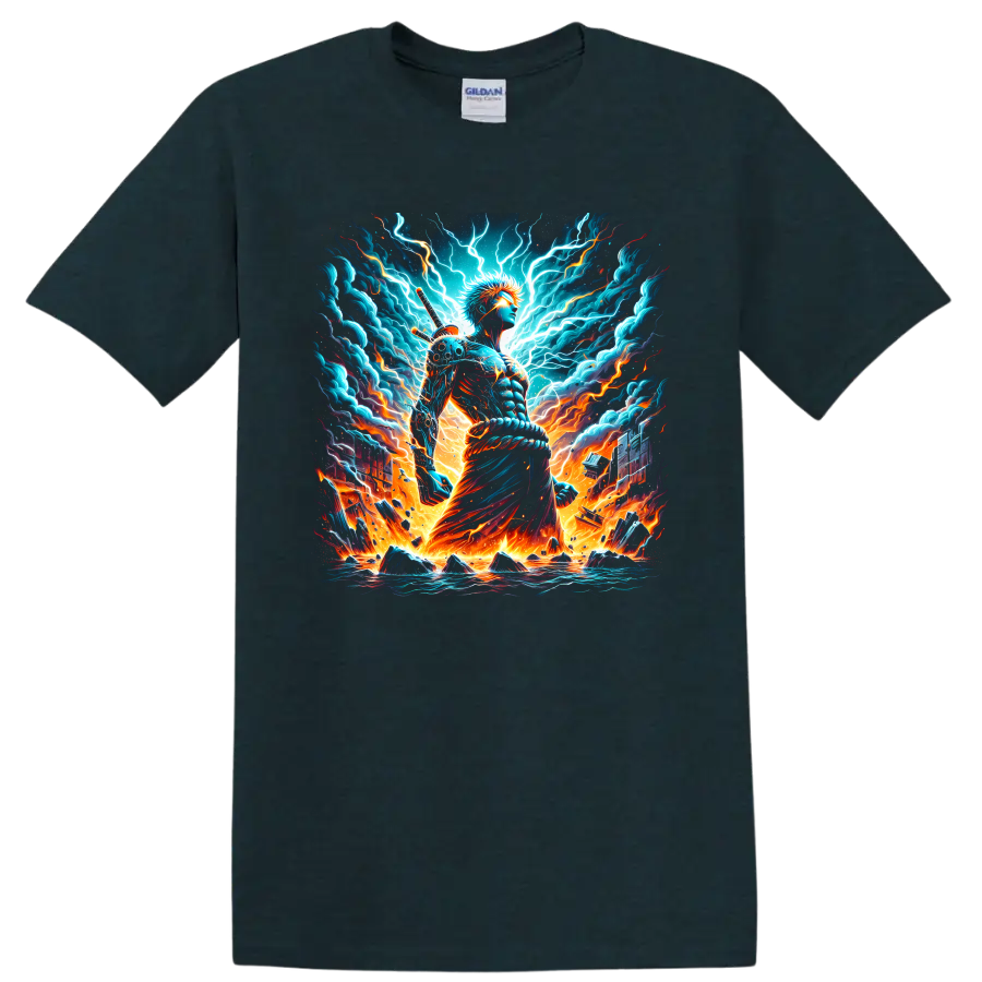 Ichigo Kurosaki in electric lightning and fire anime sword warrior graphic on a Midnight (Green) T Shirt