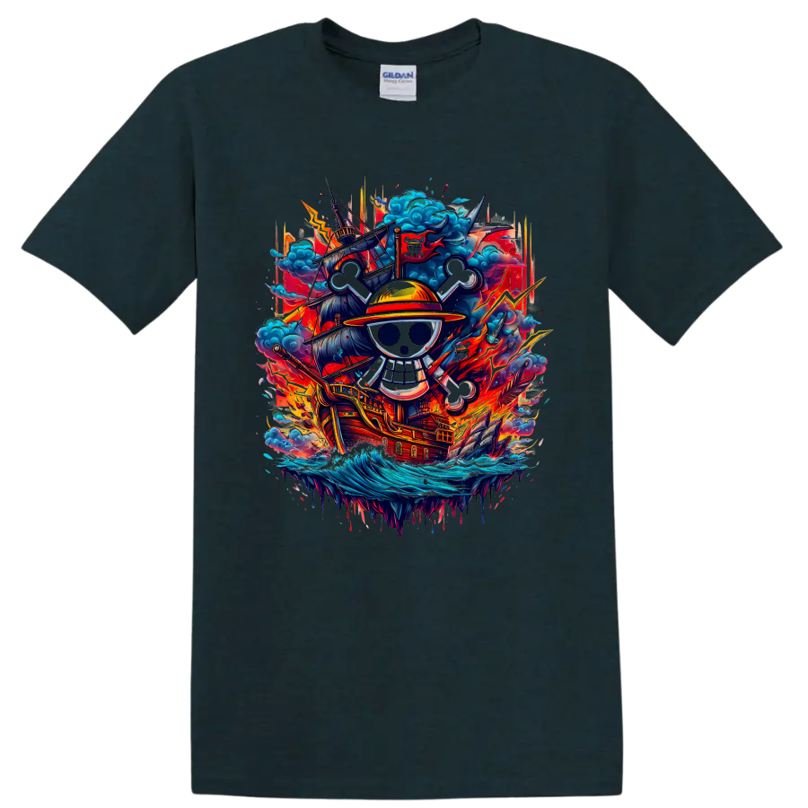 Monkey D. Luffy One Piece straw-hat skull and pirate ship anime graphic on a Midnight (Green) T Shirt
