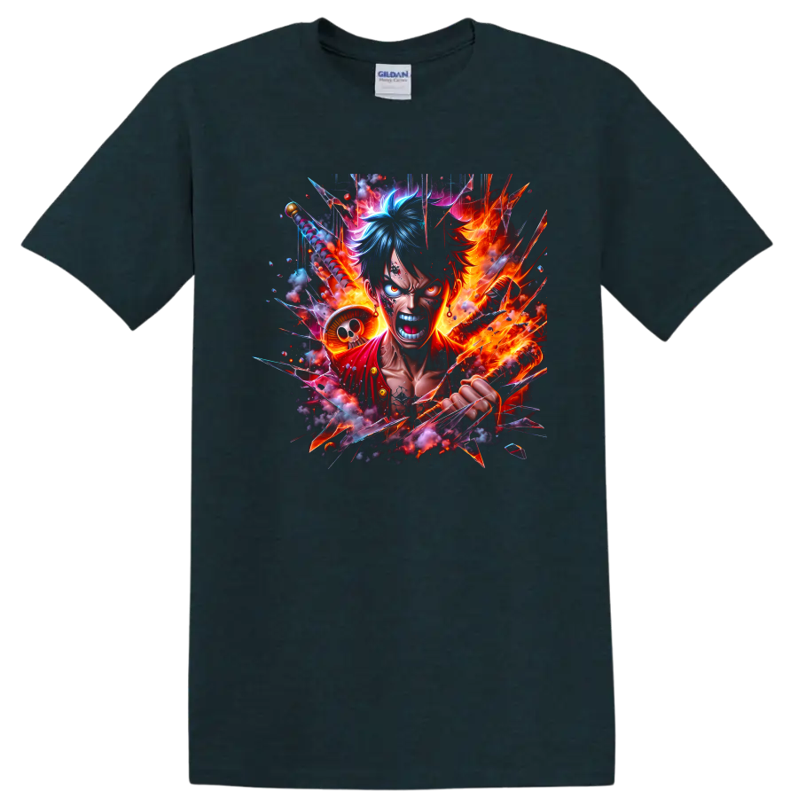 Monkey D. Luffy fiery anime battle graphic with flames, straw hat, and shattered glass on a Midnight (Green) T Shirt