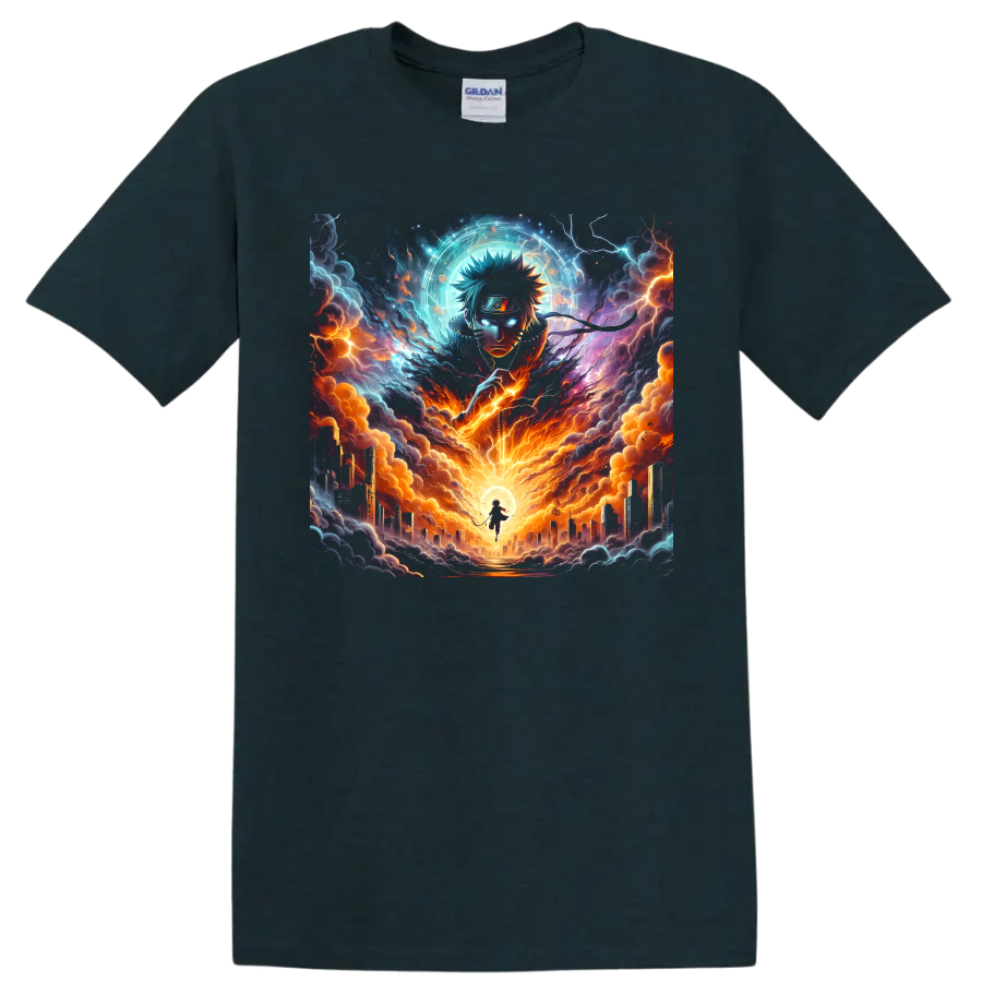 Naruto Uzumaki anime art with lightning, fiery storm clouds, glowing aura, and city on a Midnight (Green) T Shirt