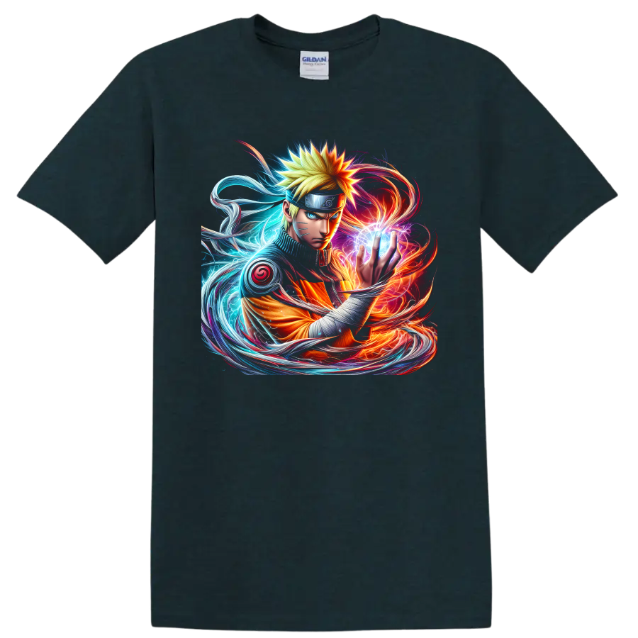 Naruto Uzumaki forming a glowing Rasengan in fiery and blue anime energy art on a Midnight (Green) T Shirt