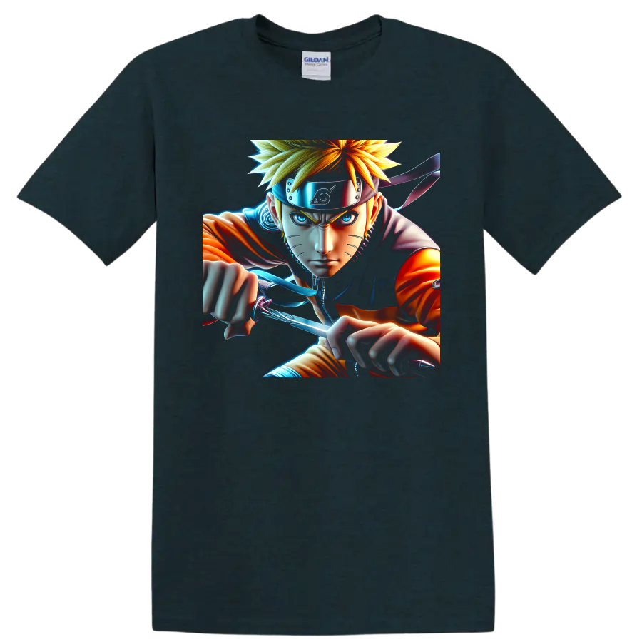 Naruto Uzumaki charging with a glowing Rasengan in vivid anime action art on a Midnight (Green) T Shirt