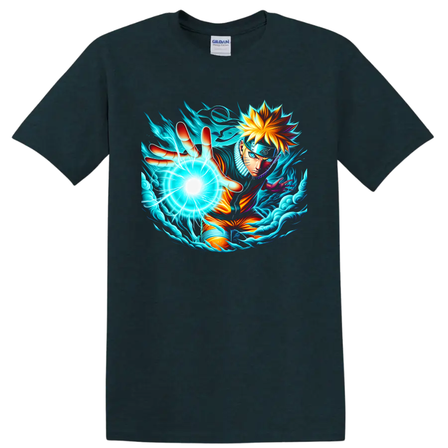 Naruto Uzumaki Sage Mode anime art reaching with a glowing energy orb and swirling waves on a Midnight (Green) T Shirt