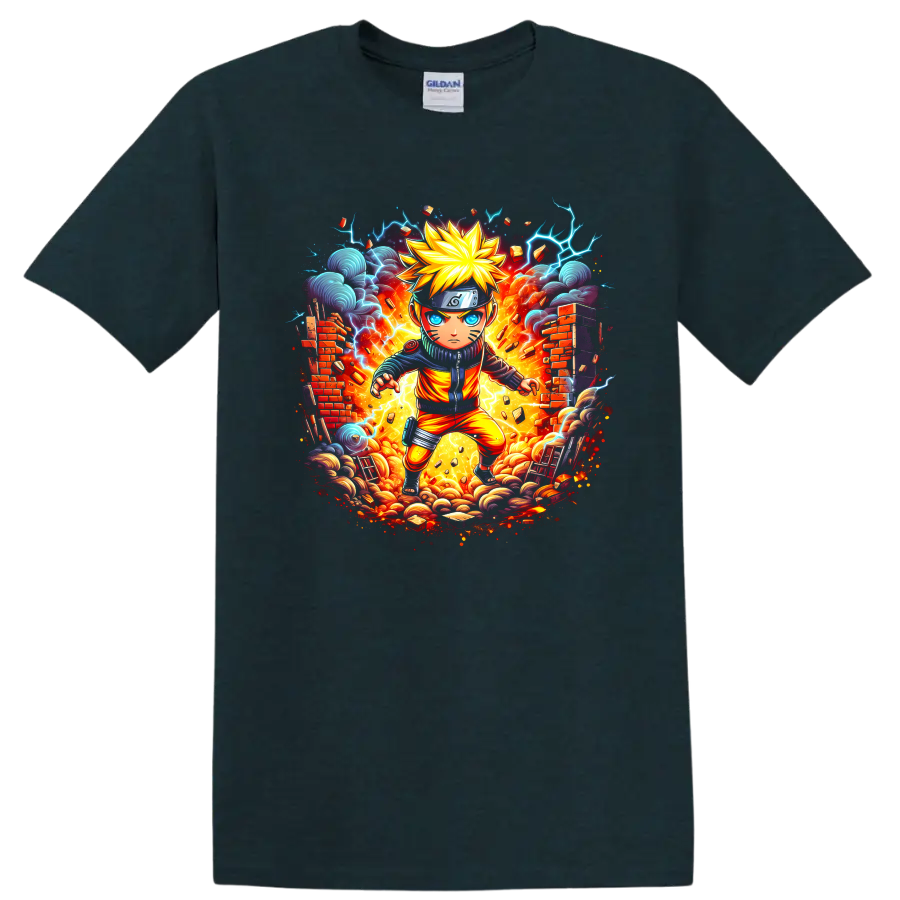 Chibi Naruto Uzumaki ninja with fireburst, lightning, storm clouds, and broken walls on a Midnight (Green) T Shirt