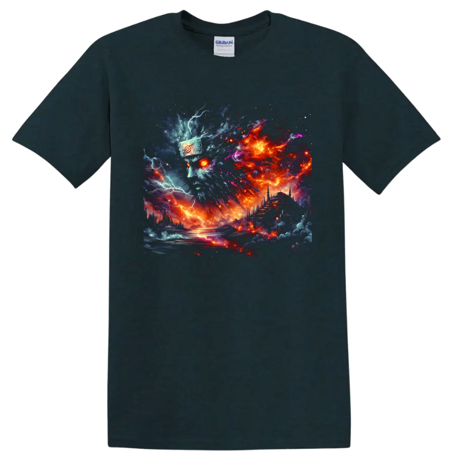 Naruto Uzumaki cybernetic ninja portrait with fiery cosmic storm artwork on a Midnight (Green) T Shirt