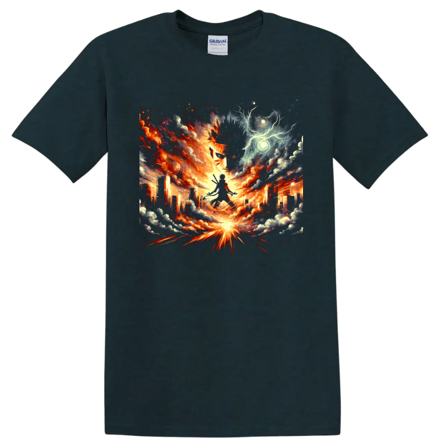 Naruto Uzumaki fiery city battle graphic with storm clouds and glowing energy on a Midnight (Green) T Shirt