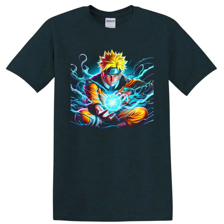 Naruto Uzumaki forming a glowing Rasengan in neon electric anime art on a Midnight (Green) T Shirt