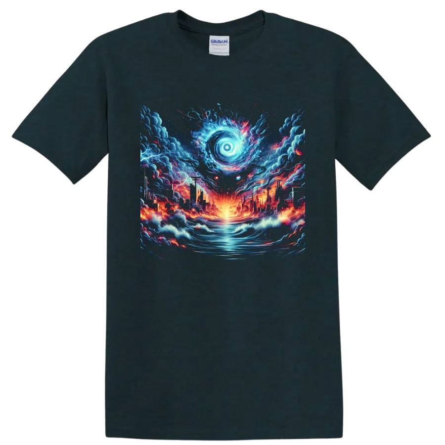 Surreal anime-style glowing spiral eye over a burning futuristic city and waves on a Midnight (Green) T Shirt