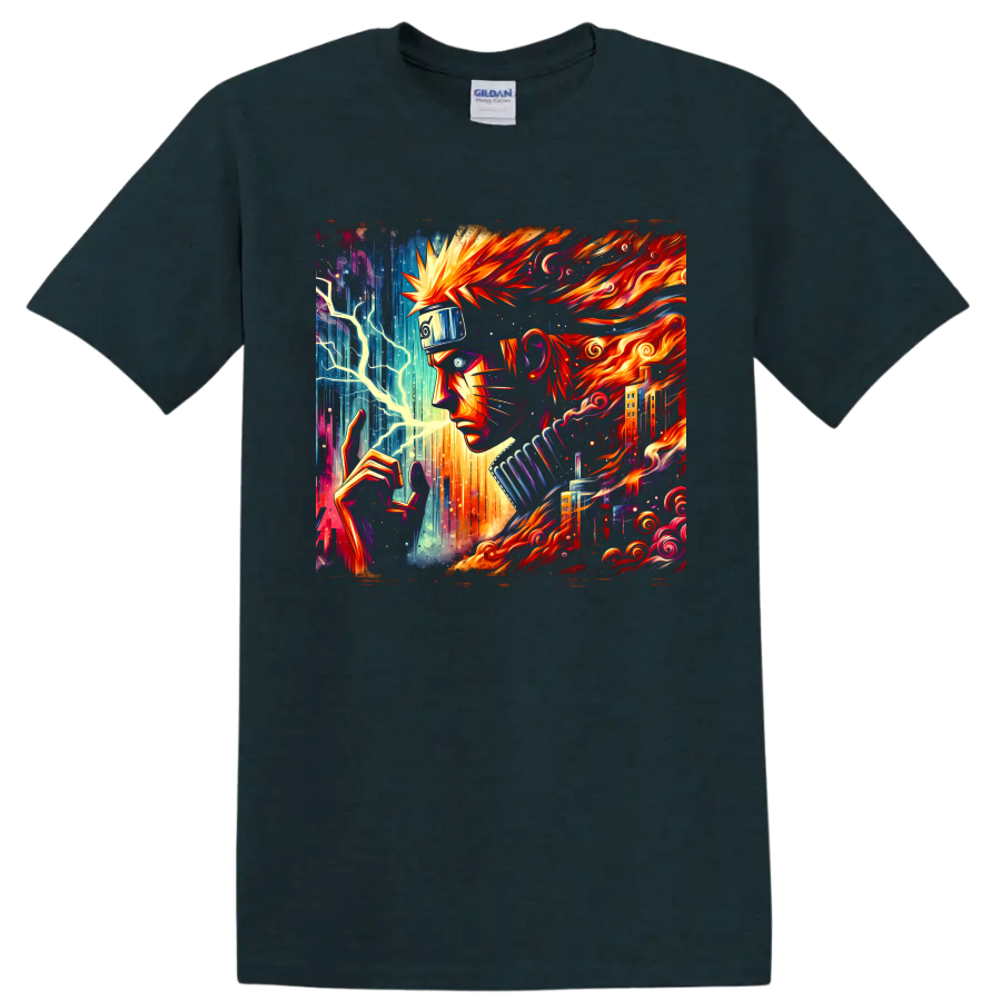 Naruto Uzumaki fiery ninja portrait with lightning, neon city details, and swirling flames on a Midnight (Green) T Shirt