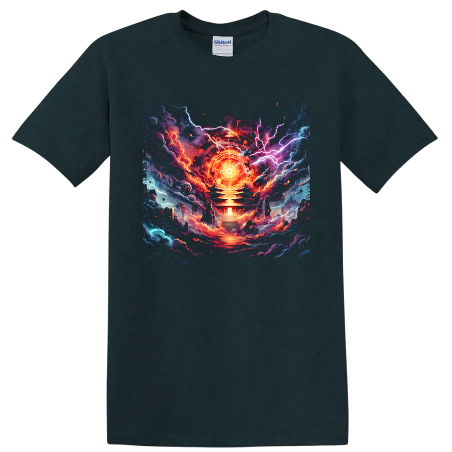 Cosmic temple graphic with radiant circular emblem, lightning, clouds, and embers on a Midnight (Green) T Shirt