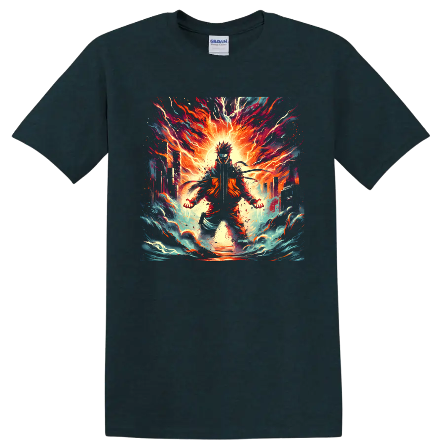 Naruto Uzumaki fiery anime ninja graphic with lightning, flames, and swirling waves on a Midnight (Green) T Shirt