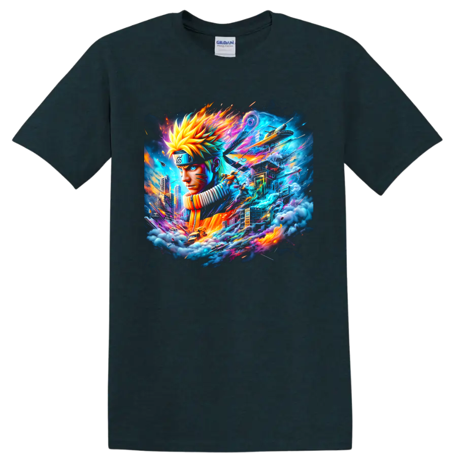Naruto Uzumaki neon ninja portrait with futuristic cityscape and swirling energy on a Midnight (Green) T Shirt