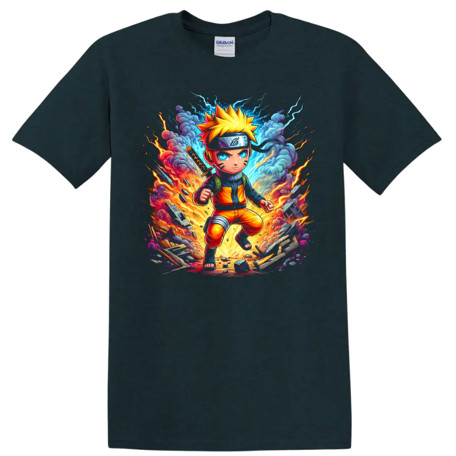 Naruto Uzumaki explosive anime ninja action graphic with lightning, fire, and debris on a Midnight (Green) T Shirt