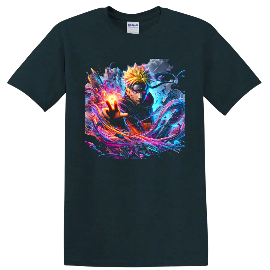 Naruto Uzumaki neon anime art with glowing energy orb and swirling effects on a Midnight (Green) T Shirt