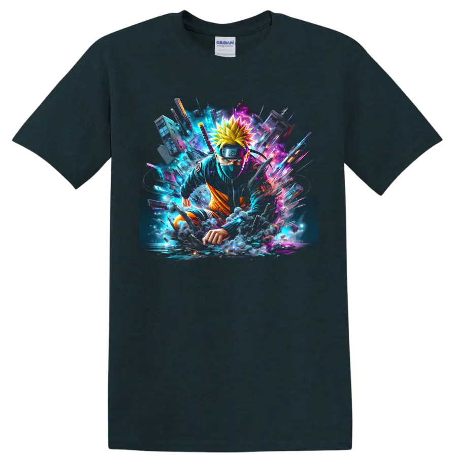 Naruto neon cyberpunk ninja action graphic with glowing shards and smoke on a Midnight (Green) T Shirt