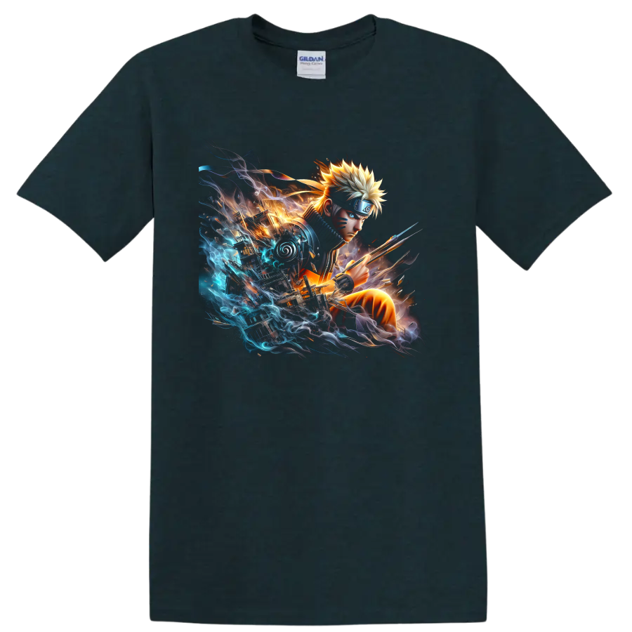 Naruto Uzumaki anime battle art with a kunai, fiery light, and blue energy on a Midnight (Green) T Shirt