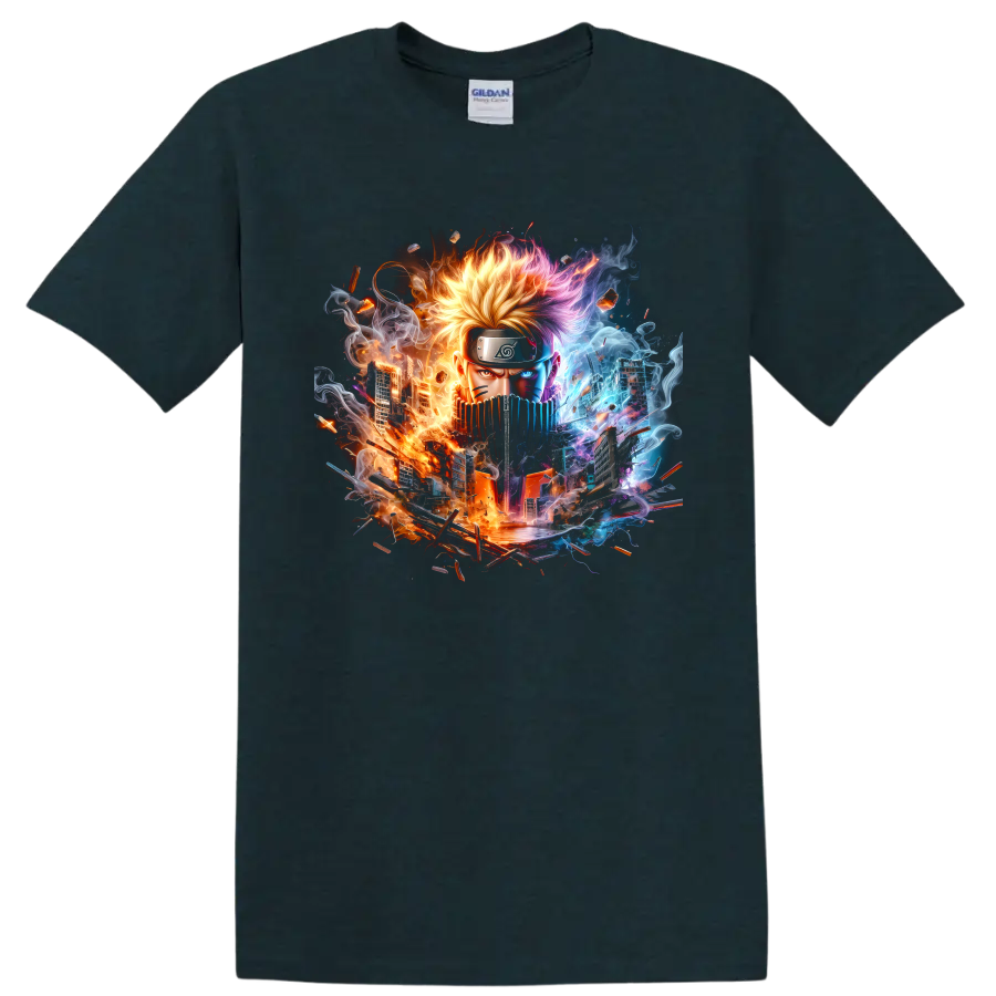 Naruto Uzumaki anime portrait with fiery and icy energy cityscape graphic on a Midnight (Green) T Shirt