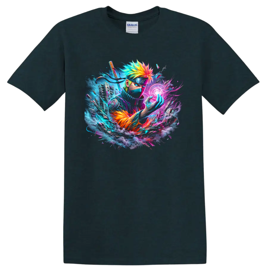 Kakashi Hatake neon anime ninja with glowing energy orb and futuristic city artwork on a Midnight (Green) T Shirt