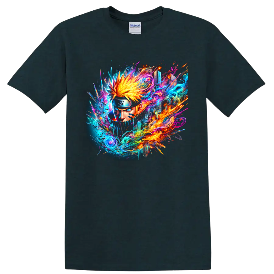 Naruto Uzumaki portrait with neon fire, electric swirls, and futuristic ninja art on a Midnight (Green) T Shirt