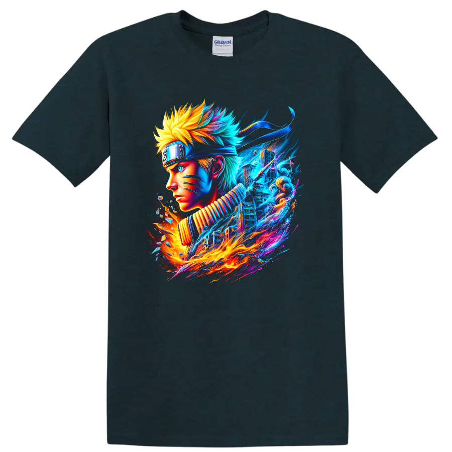Naruto Uzumaki neon ninja portrait with blue energy and fiery action art on a Midnight (Green) T Shirt