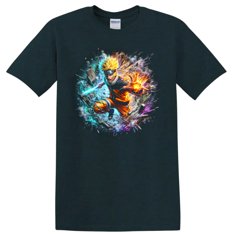 Naruto Uzumaki anime action graphic with fiery energy, blue lightning, and debris on a Midnight (Green) T Shirt