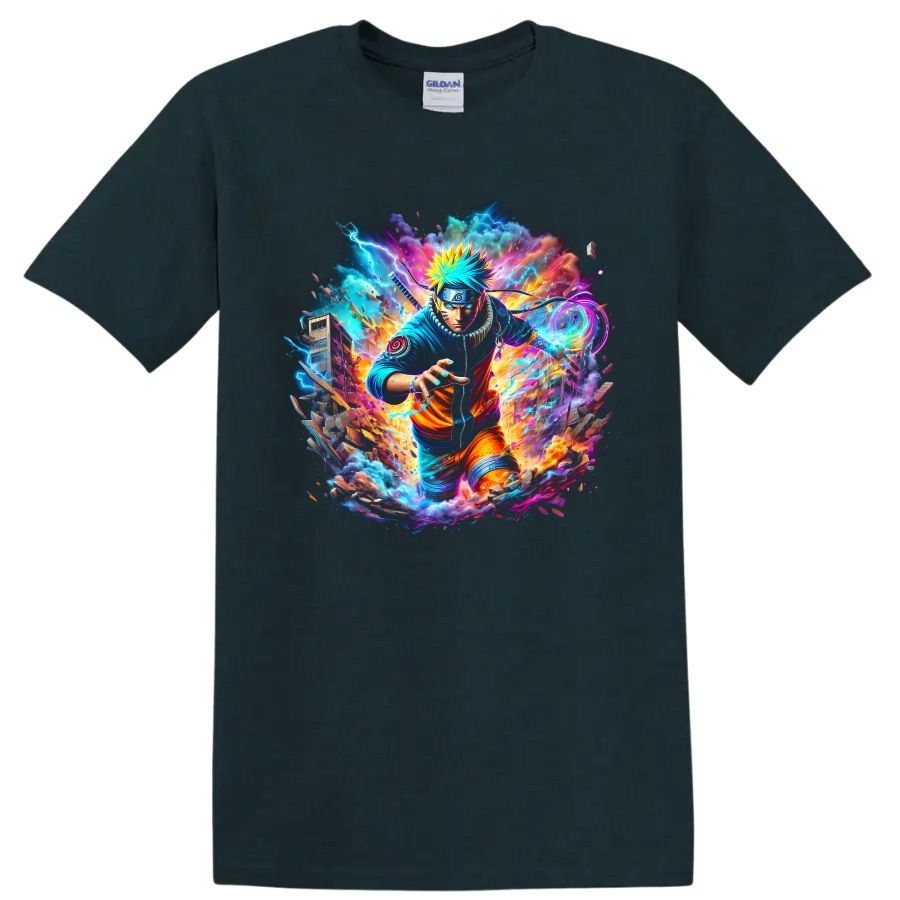 Naruto Uzumaki neon ninja action graphic with lightning and swirling energy on a Midnight (Green) T Shirt
