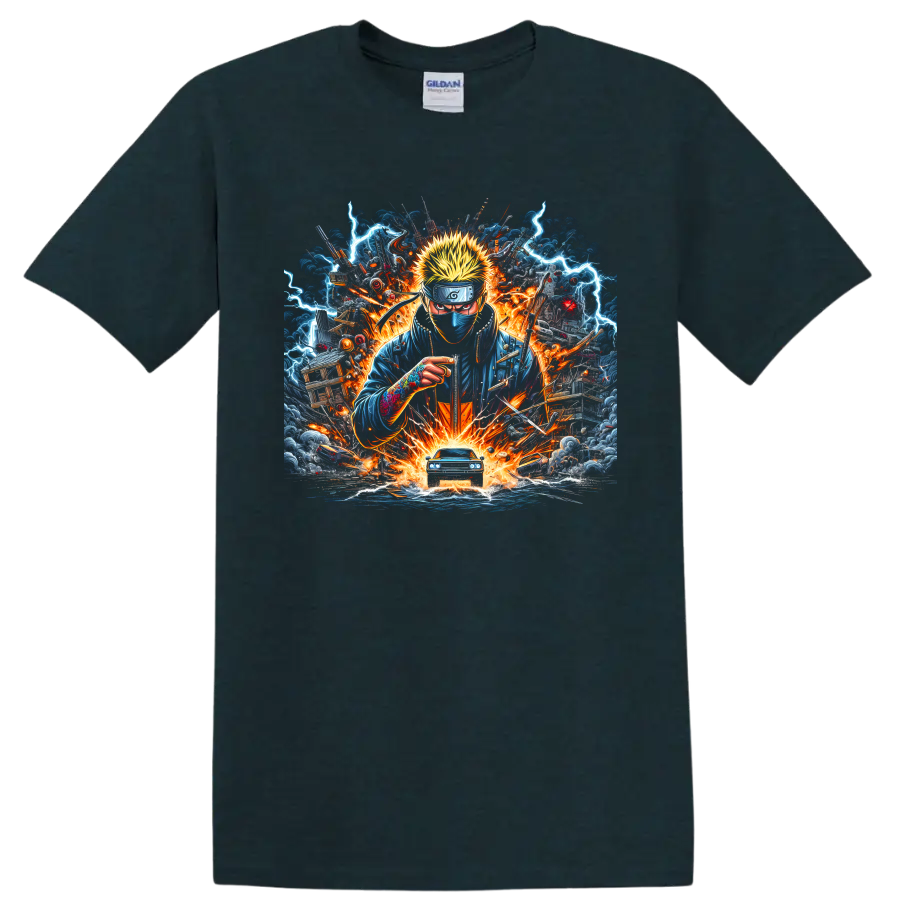 Kakashi Hatake anime action art with lightning, fire, storm clouds, and blue car on a Midnight (Green) T Shirt