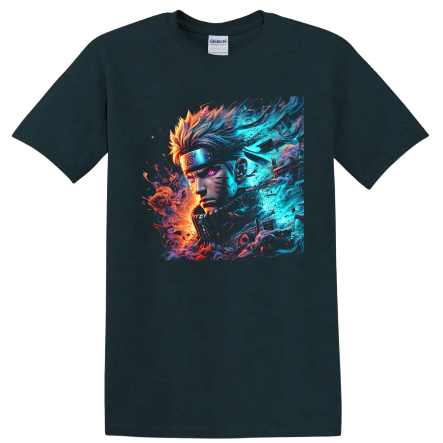 Naruto Uzumaki neon anime portrait with blue energy and orange fire effects on a Midnight (Green) T Shirt