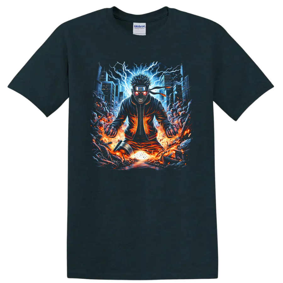 Naruto Uzumaki in cyberpunk anime style with lightning, flames, and a futuristic city on a Midnight (Green) T Shirt