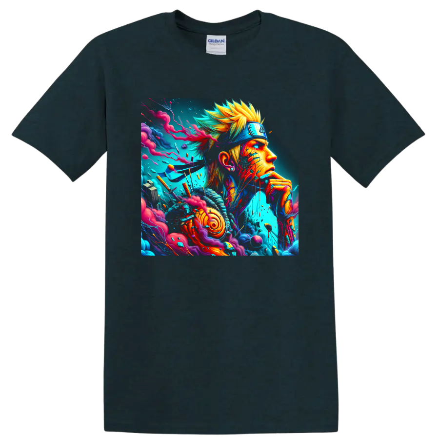 Naruto Uzumaki neon anime ninja portrait with swirling smoke and colorful energy art on a Midnight (Green) T Shirt