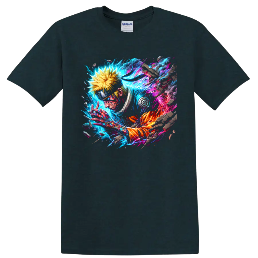 Naruto Uzumaki cyber ninja artwork with electric neon energy and shattered stone on a Midnight (Green) T Shirt