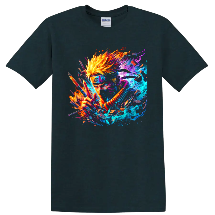 Naruto Uzumaki neon anime action graphic with blue energy and orange flames on a Midnight (Green) T Shirt